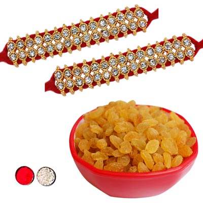 "Two Line Stone Rakhi - SR-9100 - (2 RAKHIS) + Kismis in Plastic Bowl - Click here to View more details about this Product